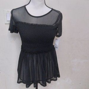 Bar III sheer black smocked peplum top size S NWT